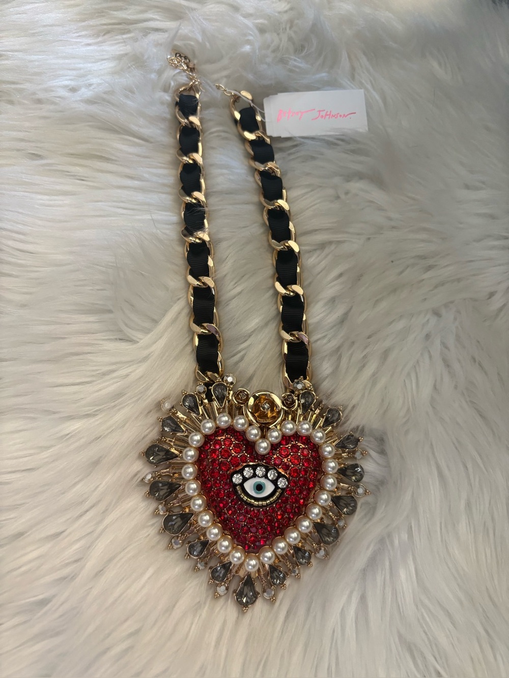 Red Heart Evil Eye Pendant Necklace with Pearl Trim